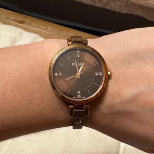 Pulsar Gold and Brown Timepiece with Sparkling Accents